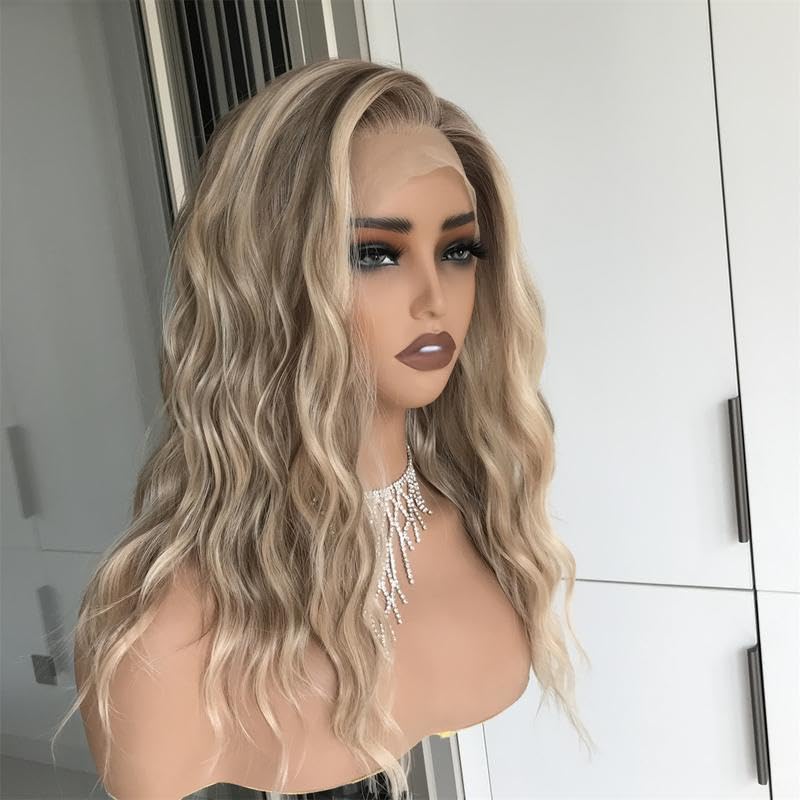 AlSOM Mila Warm Blonde Scandinavian Hairline Water WaveFree Part Lace Front Wig 16 Inch Low Density Synthetic LaceWig for Women Daily Use