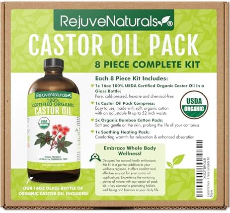 Castor Oil Pack - 8 Piece Complete Kit. Includes 16oz Glass Bottle of Organic Castor Oil, Easy to use Organic Cotton Compress with Adjustable Fit, 5 Soft Cotton Pads & Soothing Heat Pack..