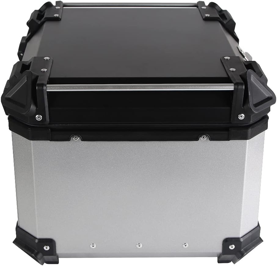 55L Motorcycle Top Case, Aluminum Alloy Universal Motorcycle Tail Box with Backrest ＆ Phone Mount Holder, Dual-key Storage Luggage Trunk (Silver, 55L)