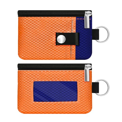 Image of Minimalist RFID Blocking Small Wallet with ID Window,WaterResistant Zip Id Case Wallet with Lanyard Keychain for Cards,Cash,Travel,Women,Men (Orange /Sapphire Blue)