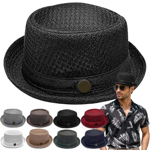 Summer Breathable Mesh Pork Pie Hat Retro Straw Breathable Sun Protection Cap Lightweight Fedora Bowler Hat (US Alpha One Size Black)