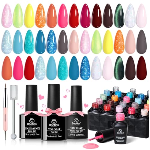 Image of Beetles Gel Nail Polish Set, 20 Colors Bright Pink Blue Green Pearl Gel | with Base Glossy & Matte Top Coat Uv DIY Salon Manicure Kit Beach Bash Nails Gift for Women