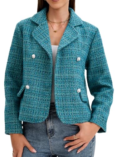 Women's Cropped Tweed Blazer with Pearl Button Elegant Textured Double Breasted Short Jacket for Work Casual2