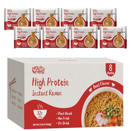 Image of VOLO VERO High Protein (32g) Instant Ramen Noodles inchSpicy Beef inch Flavor Soup, 8 Pack, Plant-Based, Low Carb, Air-Dried, Non-Fried, Egg-Free, Ready to Eat, Dairy Free Healthy Meal