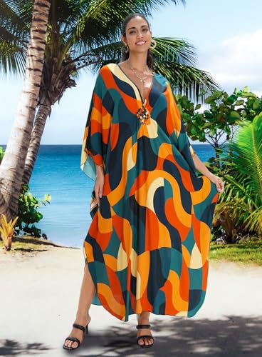 Image of Yanziliu Kaftan Dress for Women,Plus Size Hawaiian Batwing Sleeve Beach Cover Up Summer Swimsuit Dresses