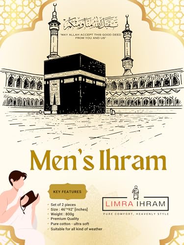 Image of LIMRA Premium Men's White Cotton Ihram Set for Hajj and Umrah | 2-Piece Quality Cloth | Free Size 46 inch X 92 inch - Divine Comfort! (Cooltex)