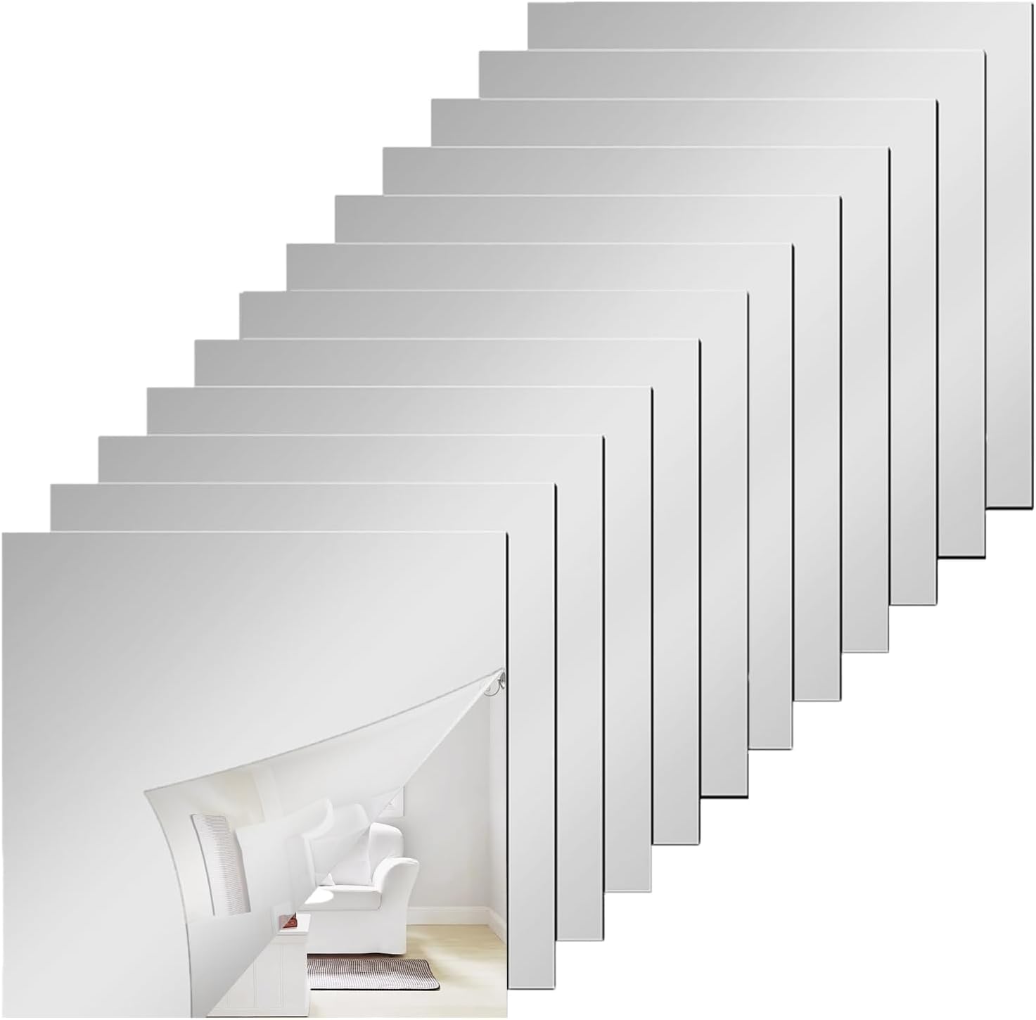 12 Pcs Self Adhesive Mirror Tiles, Stick On Mirrors for Walls, PVC Acrylic Mirror Wall Stickers for Bedrooms Living Rooms, Wall, School, Home, Bathroom, Bedroom Decor