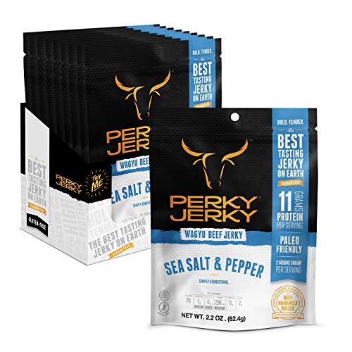 Perky Jerky Wagyu Beef, Sea Salt & Pepper, 2.2 Ounce (Pack of 8) - 200mg sodium - 12g Protein per serving - Low Fat - 100% US Sourced - Tender Texture