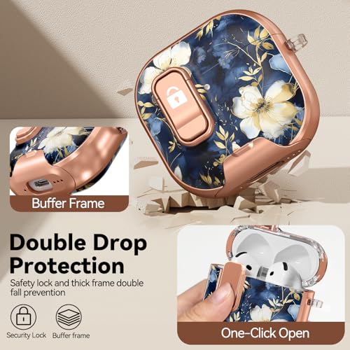 Image of for AirPod 4 Case, with Safty Lock & Phone Stand for Floral AirPod 4 Generation Case Cover for Women Girly, iPod 4 Cases with Keychain & Cleaner Kit -Blue Gold Flower