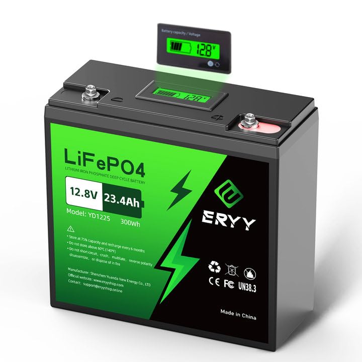 ERYY 12V 23.4Ah(30Ah) LiFePO4 Lithium Deep Cycle Battery With 30A BMS & Voltage Indicator 12 Volt Battery Lithium Iron Phosphate for Fish Finder Ham Radio Solar Scooters Power Wheels RV Camp