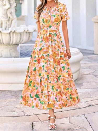 Image of BTFBM Womens Summer Floral Maxi Dresses V Neck Short Sleeve Boho Casual Flowy Long Wedding Guest Dress Beach Vacation
