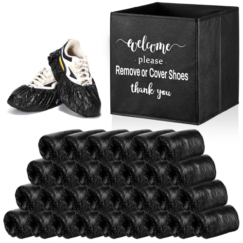 Unittype 300 Pcs Black Disposable Waterproof Shoe Covers with 1 Pcs Indoor Foldable Storage Box Welcome Please Remove or Cover Shoes Sign for House, Fits up to Size 13 Us Men and 15 Us Women