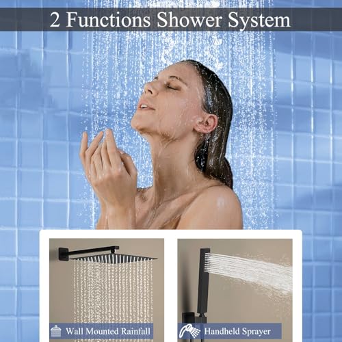 Image of Shower Faucet Set 16 Inch Wall Mount Rain Shower System, All Metal Shower Fixtures - Matte Black