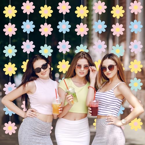 Image of Pasimy 8 Pcs Daisy Boho Party Decorations Groovy Daisy Paper Garlands White Flower Hanging Garland Banner Hippie Flower Cutouts for Birthday Shower Wedding Party Favor Supplies(Groovy,Pastel)