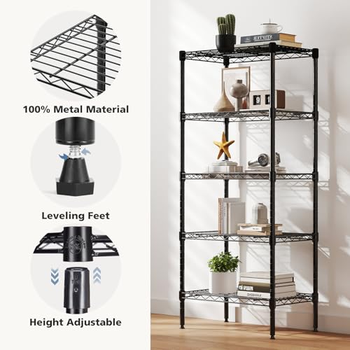 Image of DUMOS 5-Tier Metal Wire Storage Shelves, Adjustable Standing Storage Rack Shelf, Heavy Duty Steel Shelving Unit Organizers for Kitchen Bathroom Pantry Garage, 23.3 inch Wx13.4 Dx60 H, Black