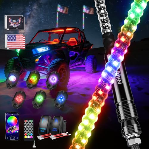Image of Nilight 2PCS 4FT RGB LED Whip Light and 6 PCS Rock Lights Combo Remote App Control w /DIY Chasing Patterns Stop Turn Reverse Modes Safety Antenna Whips for ATV UTV Polaris RZR Can-am Dune Buggy Jeep
