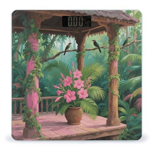 Báscula digital de baño con flores y hojas tropicales, pantalla LCD miniatura 1
