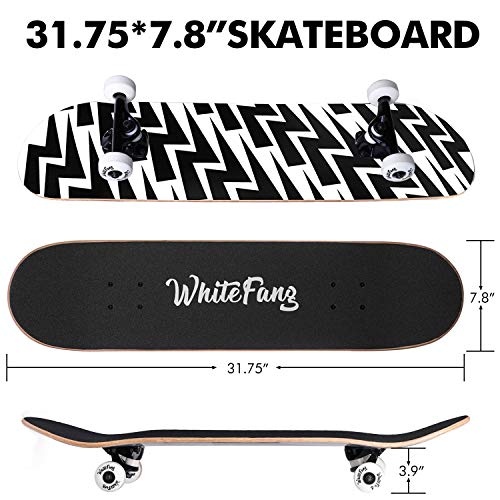 Image of WhiteFang Skateboards for Beginners, Complete Skateboard 31 x 7.88, 7 Layer Canadian Maple Double Kick Concave Standard and Tricks Skateboards for Kids and Beginners