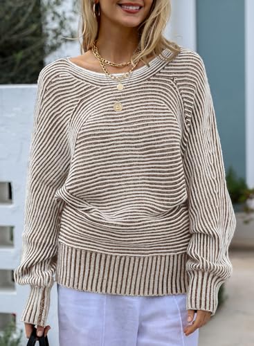 Image of EVALESS Striped Sweaters for Women Boat Neck Batwing Sleeve Oversized Pullover Sweater Tops Womens Fall Clothes Outfits
