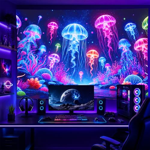 Image of BlissYard Blacklight Jellyfish Tapestry UV Reactive Neon Jellyfish Wall Hanging Tapestry Glow in The Dark Fantasy Ocean Underwater Tapestry for Bedroom Party Backdrop Living Room 59 X 78 inch