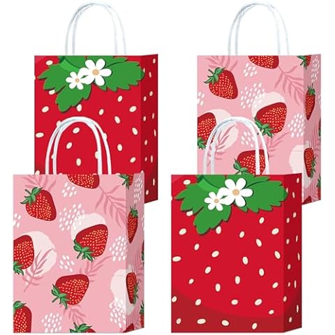 W WINTMING 16Pcs Strawberry Party Favor Bags Pink Red Paper Gift Bags with Handles Cute Candy Bags Goodie Bags for Summer Fruit Party Decoration Cover