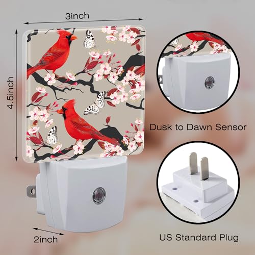 Image of Red Cardinal with Cherry Blossoms Night Light for Kids,Pink Spring Floral Bird Night Light Plug in with Dusk to Dawn Sensor,0.5w Energy Saving Nightlight for Hallway Stairway Kitchen Bedroom