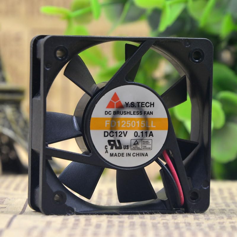 Angled view of the Shrandi Y.S. TECH FD125015LL cooling fan, showing the fan blades and the central label with specifications.