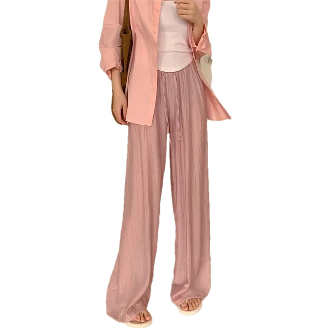 Pulcykp Cool Ice Silk Wide Leg Pants Women Summer Loose Straight Leg Pants Draping Casual Trousers