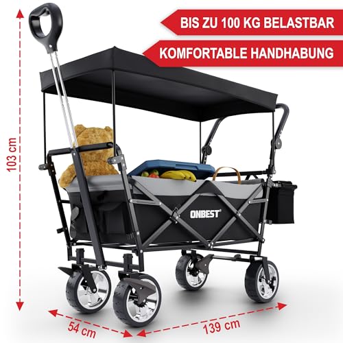 ONBEST Bollerwagen faltbar - Plus Regenschutz - Faltbollerwagen mit Dach 100 kg Zuladung – Sonnenschutz Dach – Kühltasche – Becherhalter – Outdoor – klappbarer Strandbollerwagen (Schwarz) – Bild 7