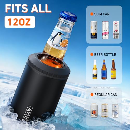 Image of 3 in 1 Slim Can Cooler for 12 OZ Skinny Can, Regular Can & Beer Bottle - Keep Cold for 6 Hours - Double Walled Insulated Stainless Steel Vacuum Beverage Can Insulator (Matte Black)