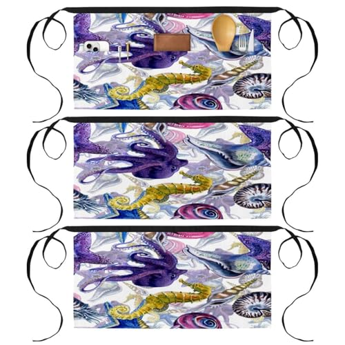 Demi-tablier de chef imprimé hippocampe et pieuvre aquarelle avec poches - 2