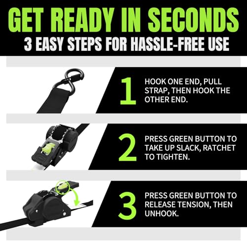 Image of Retractable Ratchet Straps, 4-Pack, 1 Inch x 12 Feet Heavy Duty Tie Downs, 1760lb Break Strength, Self Retracting for Truck, Cargo, Trailer, Motorcycle, ATV, UTV (Black-Green, 8pack)
