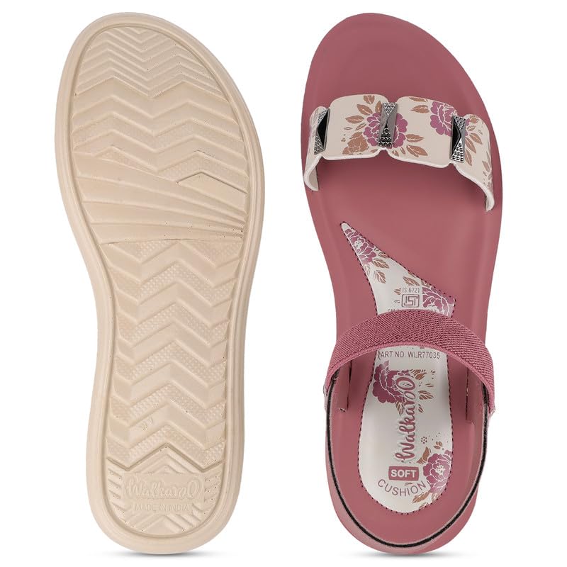 Image of WALKAROO Women Comfortable Flat Sandals|Floral Printed Front Strap, Elastic Ankle Strap, Soft Cushioned Footbed, Lightweight PU Sole|Casual Wear for women's|WLR77035