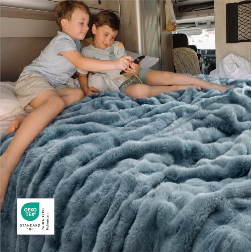 Image of Bedsure GentleSoft Bubble Faux Fur Blankets Queen Size, Fluffy Fuzzy Queen Blanket for Bed, Soft Cozy Faux Fur Bedding for Winter, Thick Warm Plush Bed Cover, Greyish Blue, 90x90