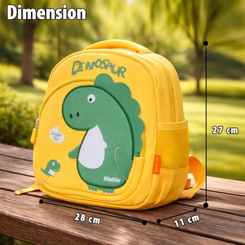 Image of WISHKEY Waterproof Small Size Bag,Picnic & Fancy Kindergarten Bags for Toddler Boys & Girls, Lightweight Cute Cartoon 3D Dinosaur Nursery Mini Dino Backpack for Kids 2 To 5 Years (Pack Of 1,Yellow)
