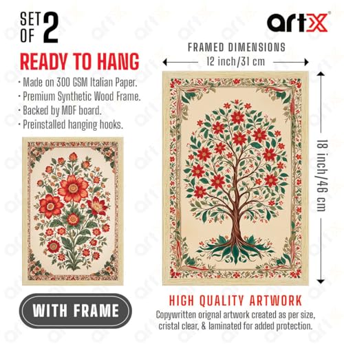 Image of ArtX Paper Floral Art Paintings with Frame for Home Decor, Madhubani Wall Painting for Living Room, Multicolor, Natural Wood Color Frames, Set of 2