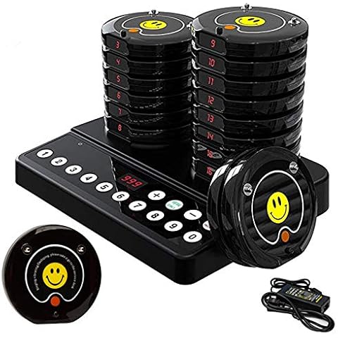 Restaurant Buzzer Pager System 16Pagers/Wireless Long Range Table Numbers/Guest Waiting Table Buzzer System with 16 Coaster Pagers for Hotels/Food Truck/Cafe Shop/Clinic Cover