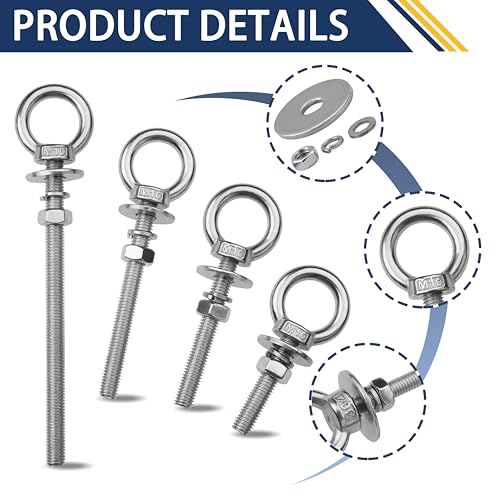 Image of 12 Pack M10 Stainless Steel Eye Bolts with Nuts,3 /8 inch x 4 inch Eye Bolts