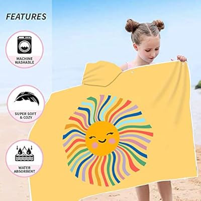 Kids Sun Hooded Beach Towel, Cute Smiling Face Sun Printed Large Microfiber Beach Bath Towel with Hood for Girls 50"x30", Soft Absorbent Quick Dry Beach Swim Pool Towel for Toddler (Sun) 51gYnElH4JL. SS400