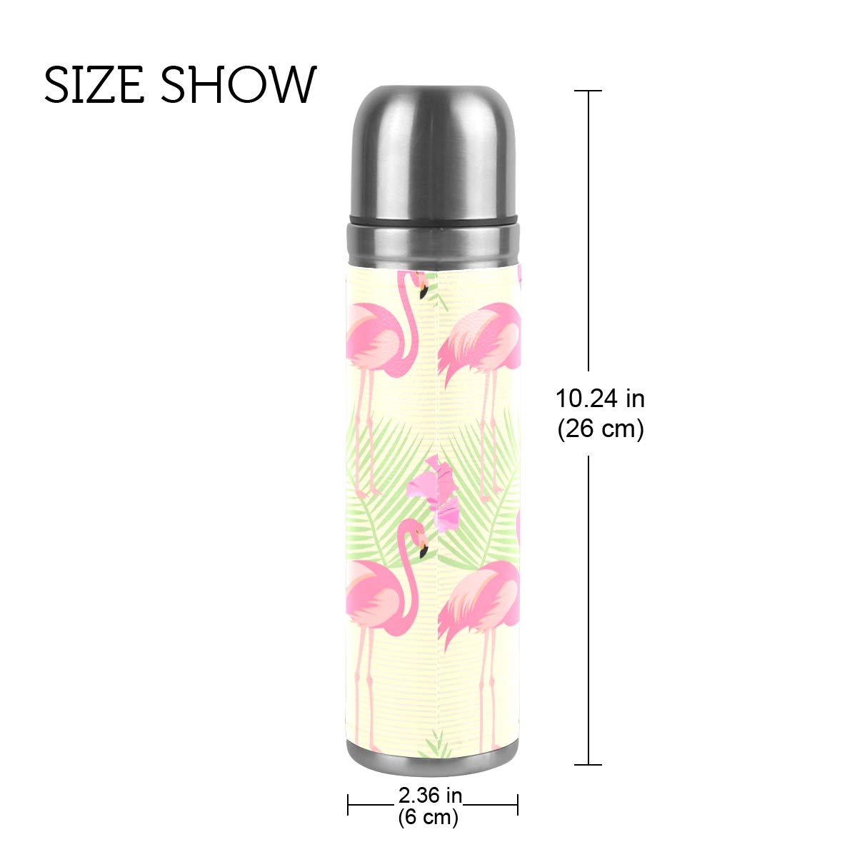 Taza de viaje aislada al vacío de acero inoxidable con doble pared a prueba de fugas, botella de taza con diseño de flamencos rosados y hibisco personalizado impreso en piel auténtica, 500 ml