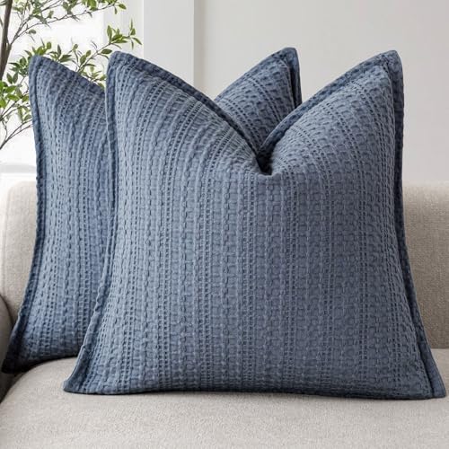 Image of Foindtower Set of 2 Decorative Cotton Waffle Weave Throw Pillow Covers Euro Shams Cushion Covers Accent European Pillowcase for Bed Couch Sofa Bedroom Living Room Home Decor 20x20 Inch Blue