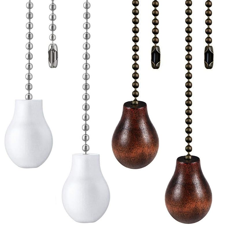 Image of Ceiling Fan Chain Pulls Extenders Decorative Ornaments 12 Inches White Color Wooden Pendant Pull Chain Extension for Ceiling Light Lamp Fan Chain 4 Pcs (white and bronze)