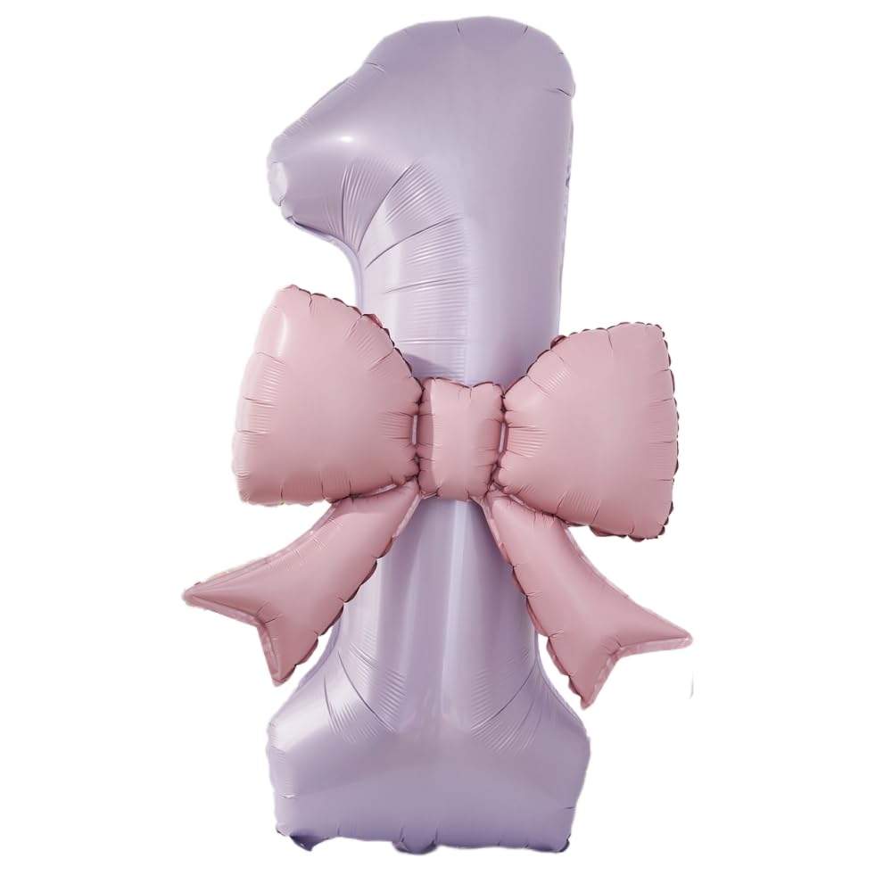 FASHION YO 40'' Pink Number with Bow Balloon, Self Inflating Foil Light Pink Set 0-9, Pastel Pink Helium Balloon for Girls Birthday Party Decorations Anniversary Supplies (Purple, Number 1)