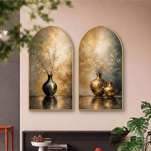 Image of Livin'luxe Set of 2 Vase Wall Painting for Living Room, Abstract Floral Modern Artwork, PVC Golden Frame, Arch Shape Wall Decor for Bedroom, Hall, Office & Gift (30 x 32 Inch) RPNL-02-114