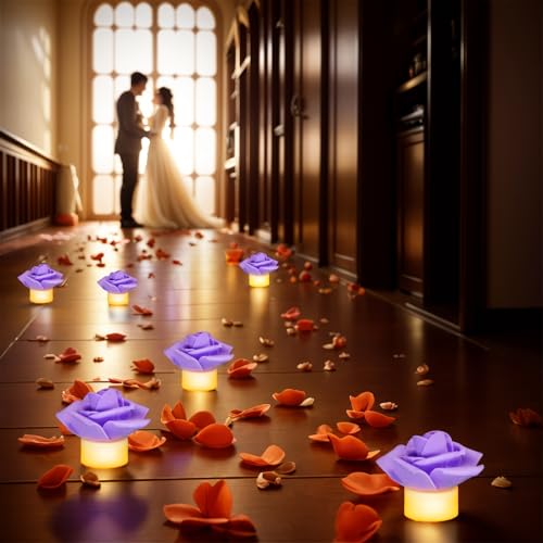 Image of SupBri 12 Pack LED Tea Lights Candles with Artificial Rose Petals, Romantic Flameless Battery Operated Candles for Valentines Wedding Proposals Christmas Decor (Purple)