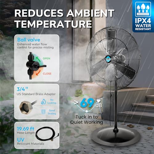 Image of Tornado 30 Inch Outdoor Misting Pedestal Fan, 8850 CFM High Velocity Oscillating Fan with Water-Resistant Design, 10 Brass Nozzles & 19.69 FT Hose for Patio, Garden, Backyard Cooling