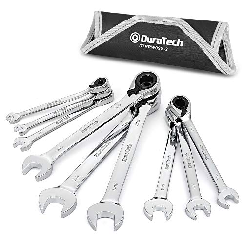Image of DURATECH Reversible Ratcheting Combination Wrench Set, SAE, 9-Piece | Open end Spanner, 1 /2 inch, 9 /16 inch,5 /8 inch, 11 /16 inch, 3 /4 inch, 7 /16 inch, 3 /8 inch, 5 /16 inch, 1 /4 inch, 12 Point, CR-V Steel, with Rolling Pouch