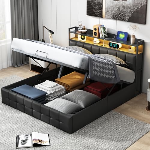 BRYXR Bett 140x200cm, Doppelbett mit LED-Beleuchtung, Hydraulischem Stauraum und USB-Ladefunktion, Modernes Polsterbett für Jugendliche in Schwarz PU, inklusive Lattenrost, ohne Matratze