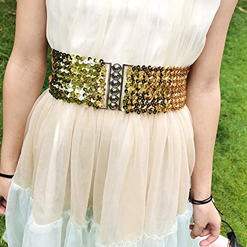 WYuZe 3 Pack Sequin Wide Elastic Waist Belt for Women Girl Sparkle Stretch Dress Belt Accessory (Gold, Silver, Black)3