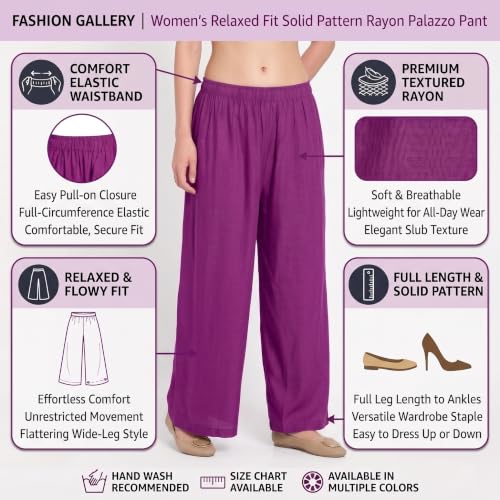 Image of FASHION GALLERY Women's Solid Rayon Palazzo Pants | Relaxed Fit Full Length Wide Leg Palazzo | Elastic Waist Comfortable Casual Lounge Office Ethnic Flared Trousers for Women